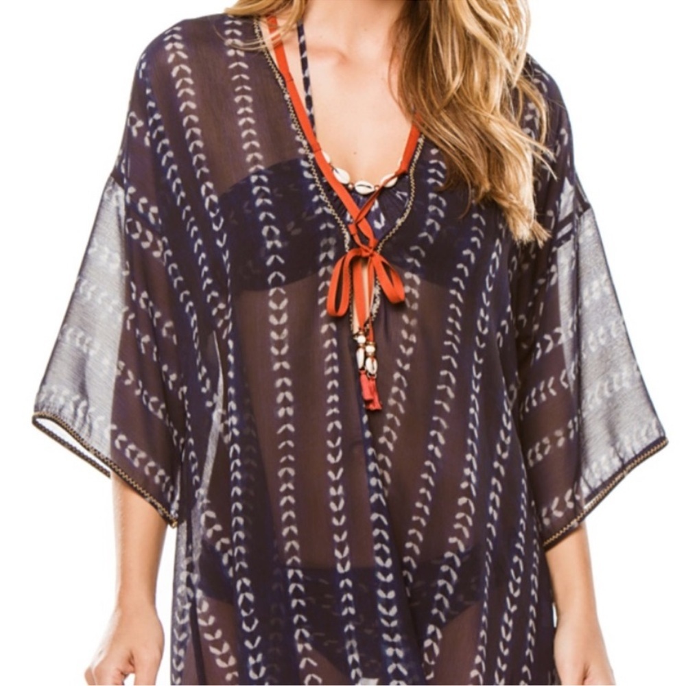 ROBIN PICCONE MICHELLE TUNIC NAVY BLUE RED ROPE ACCENT SEASHELL {$88} MEDIUM